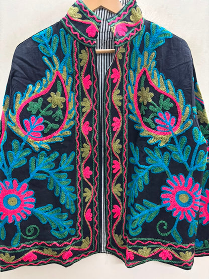 The Samarkand Bloom — Suzani Hand-Embroidered Cotton Jacket — Midnight Black with Teal, Fuchsia & Olive