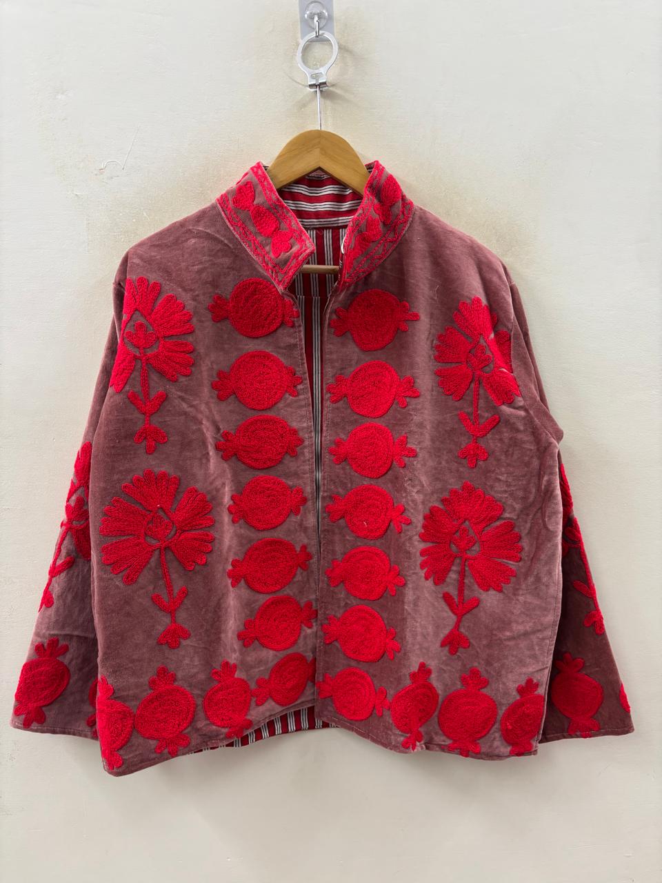 The Gulbahar — Suzani Hand-Embroidered Velvet Jacket — Dusty Rose & Crimson