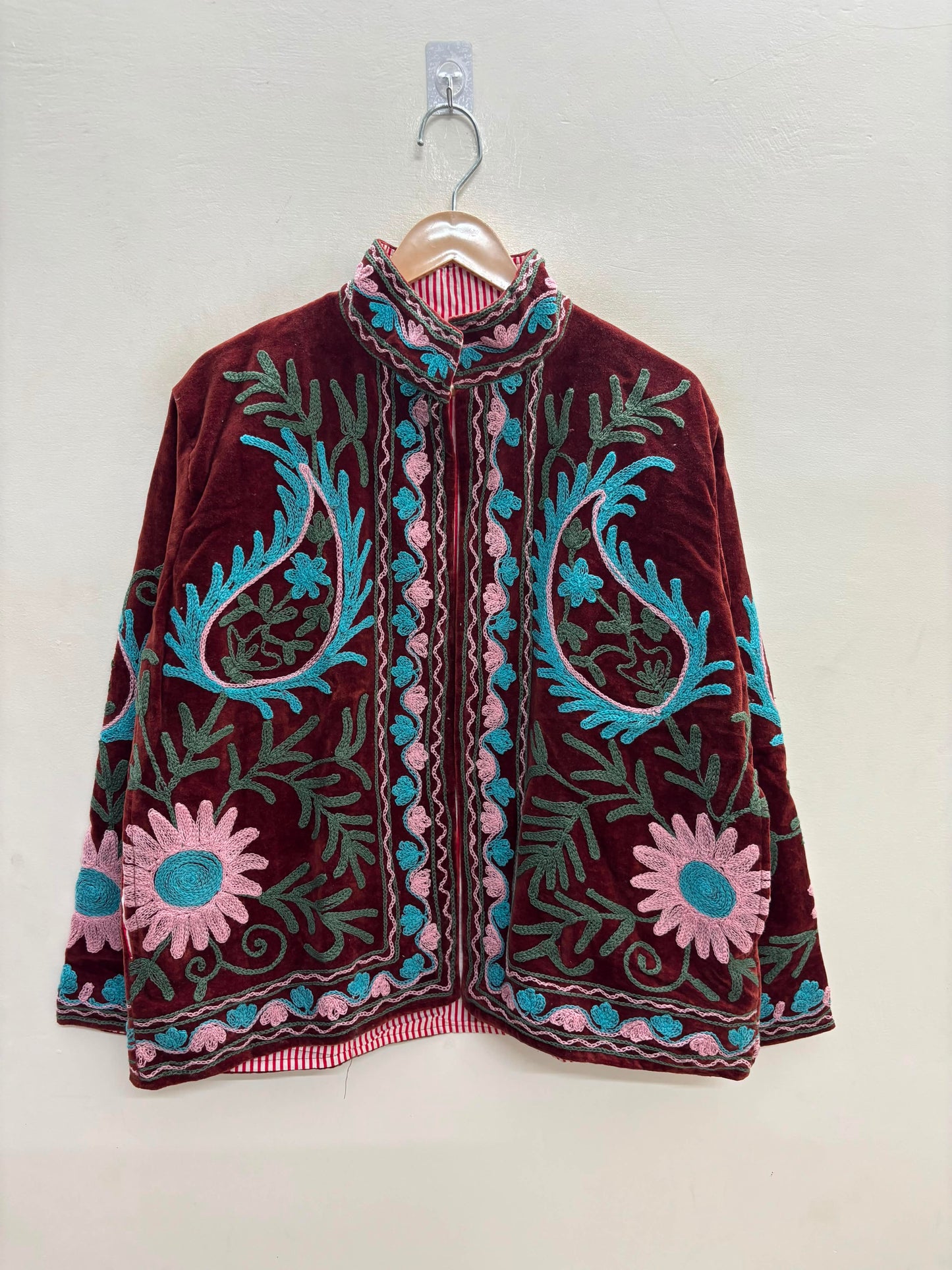 The Zafar Bloom — Suzani Embroidered Velvet Jacket — Brick Maroon with Turquoise & Rose