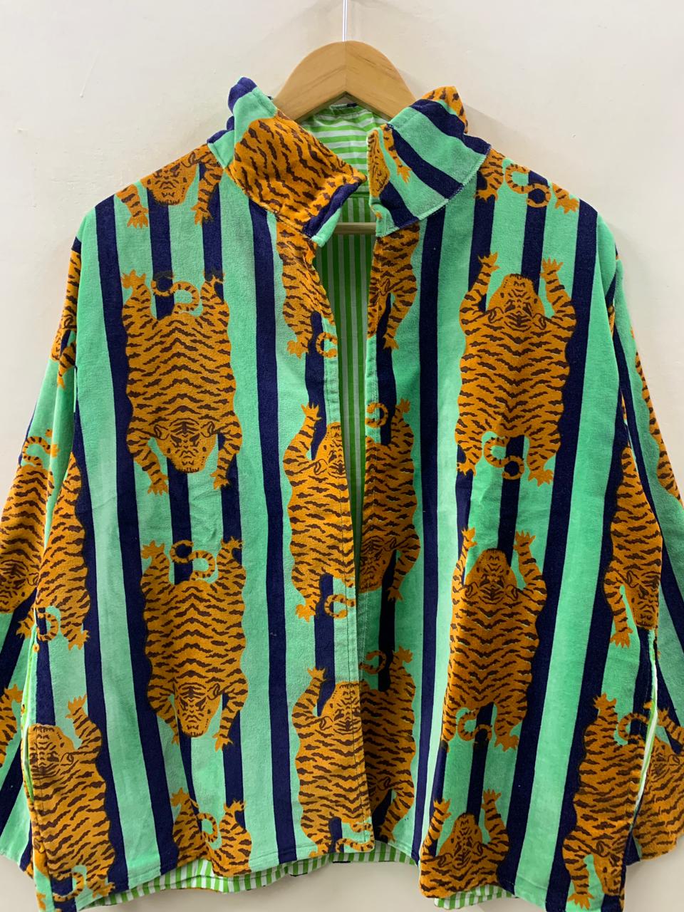The Bengal Striper — Block Printed Velvet Jacket — Mint, Navy & Amber - Default Title - Zoshak Jacket