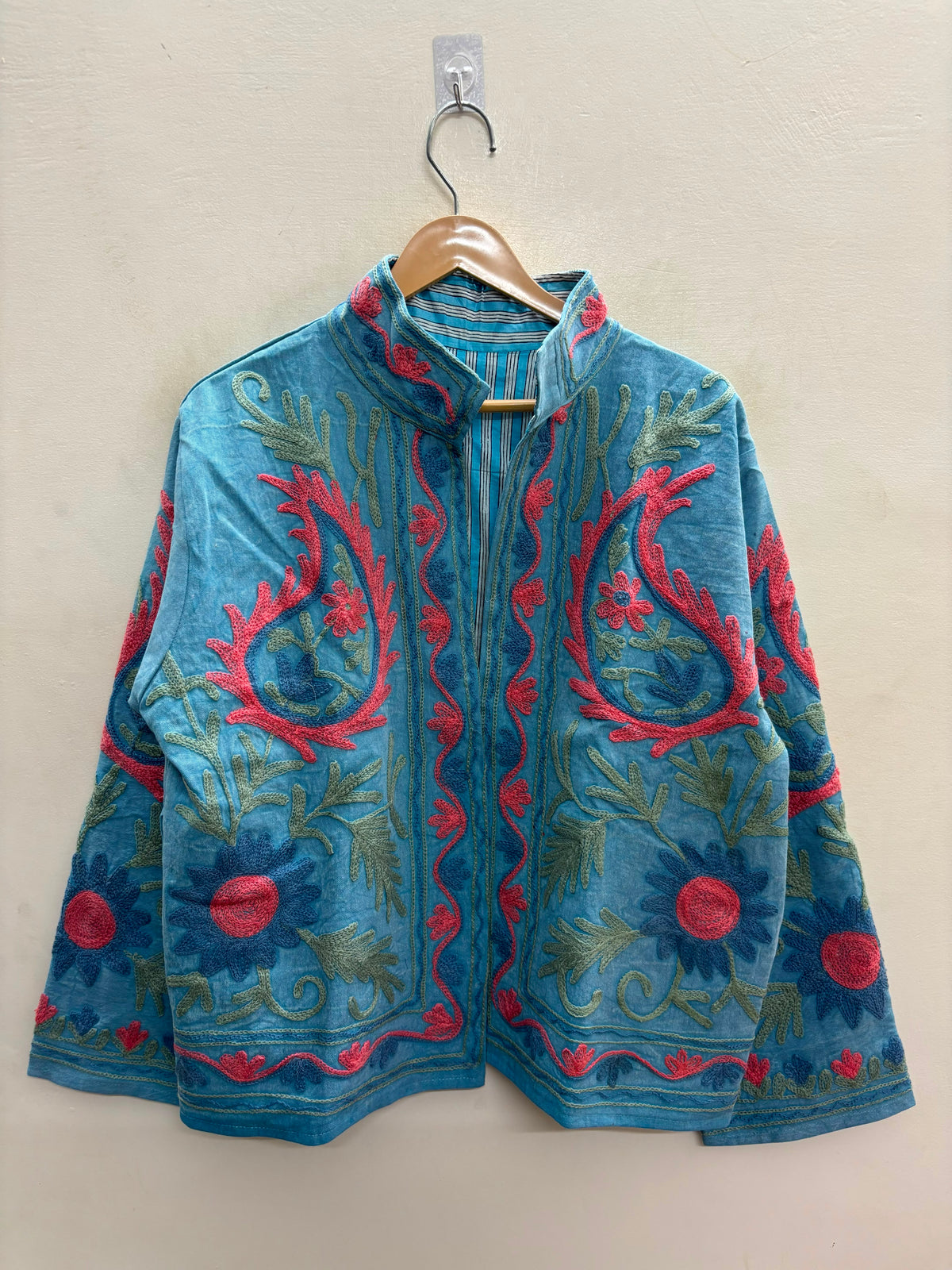 The Suzani Bloom — Suzani-Embroidered Cotton Jacket — Denim Blue with Coral & Sage Florals