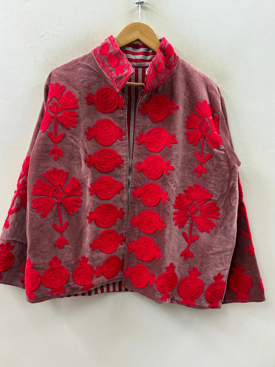 The Gulbahar — Suzani Hand-Embroidered Velvet Jacket — Dusty Rose & Crimson