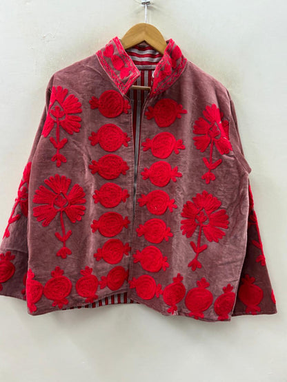 The Gulbahar — Suzani Hand-Embroidered Velvet Jacket — Dusty Rose & Crimson