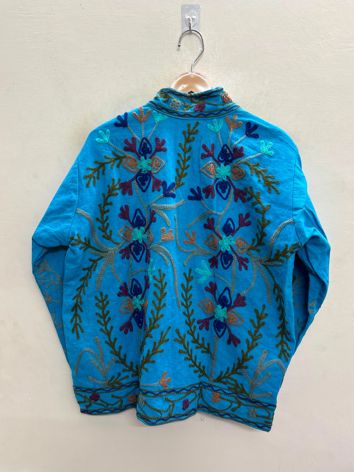 The Turquoise Zahra — Suzani Hand-Embroidered Cotton Jacket — Sky Blue with Indigo & Maroon Florals