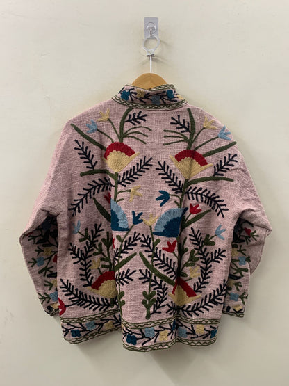 The Garden of Wandering Blooms — Crewel Embroidered Cotton Jacket — Blush Rose - Default Title - Zoshak Jacket