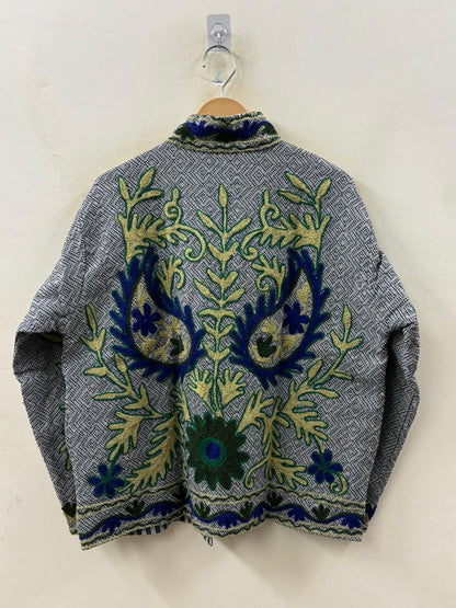 The Indigo Garden — Suzani-Embroidered Cotton Jacket — Slate Blue & Forest Green - Default Title - Zoshak Jacket