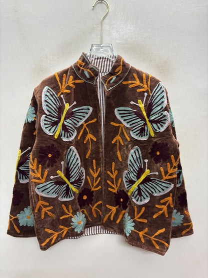 The Titli Meadow — Suzani Hand-Embroidered Velvet Jacket — Espresso Brown with Sage Butterflies & Marigold Vines