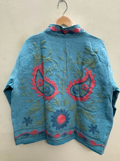 The Suzani Bloom — Suzani-Embroidered Cotton Jacket — Denim Blue with Coral & Sage Florals