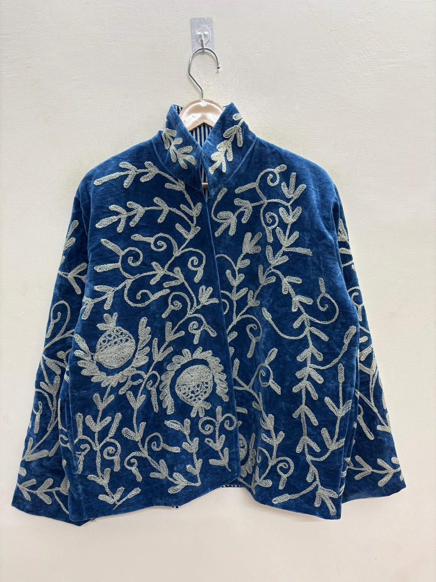The Anar Bagh — Suzani-Embroidered Velvet Jacket — Peacock Teal with Ivory Vinework