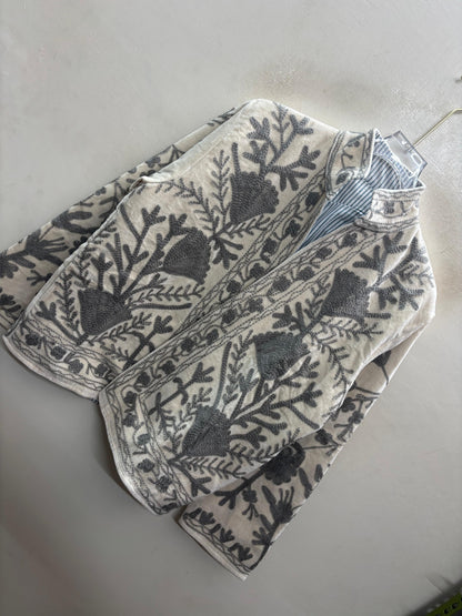 The Kashida Snowfield — Suzani Hand-Embroidered Velvet Jacket — Ivory with Dove Grey Florals