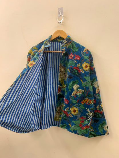 The Jungle Court — Velvet Printed Jacket — Cobalt Blue with Botanical & Monkey Motifs - Default Title - Zoshak Jacket