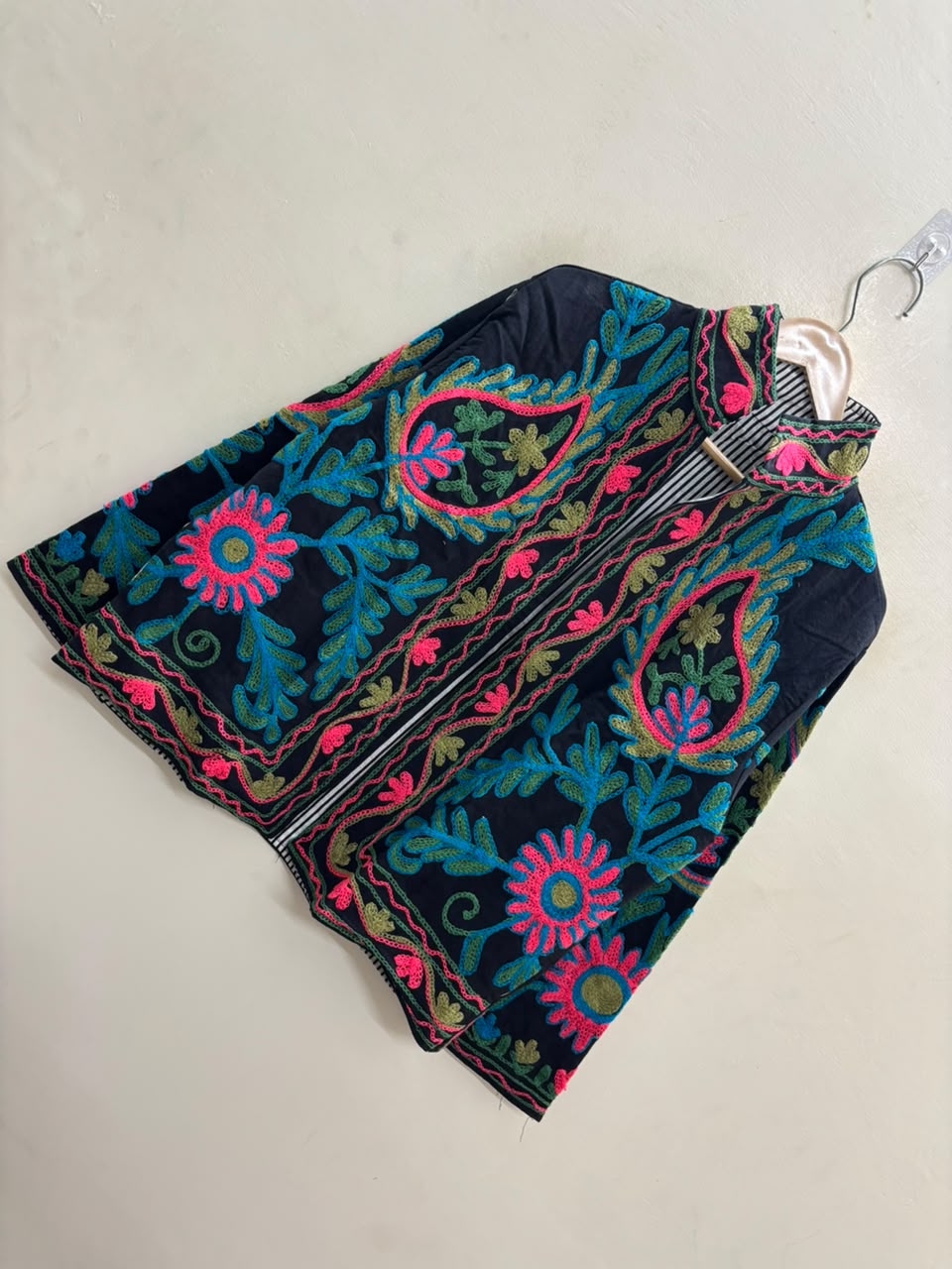 The Samarkand Bloom — Suzani Hand-Embroidered Cotton Jacket — Midnight Black with Teal, Fuchsia & Olive
