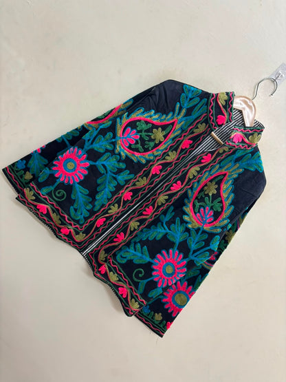 The Samarkand Bloom — Suzani Hand-Embroidered Cotton Jacket — Midnight Black with Teal, Fuchsia & Olive