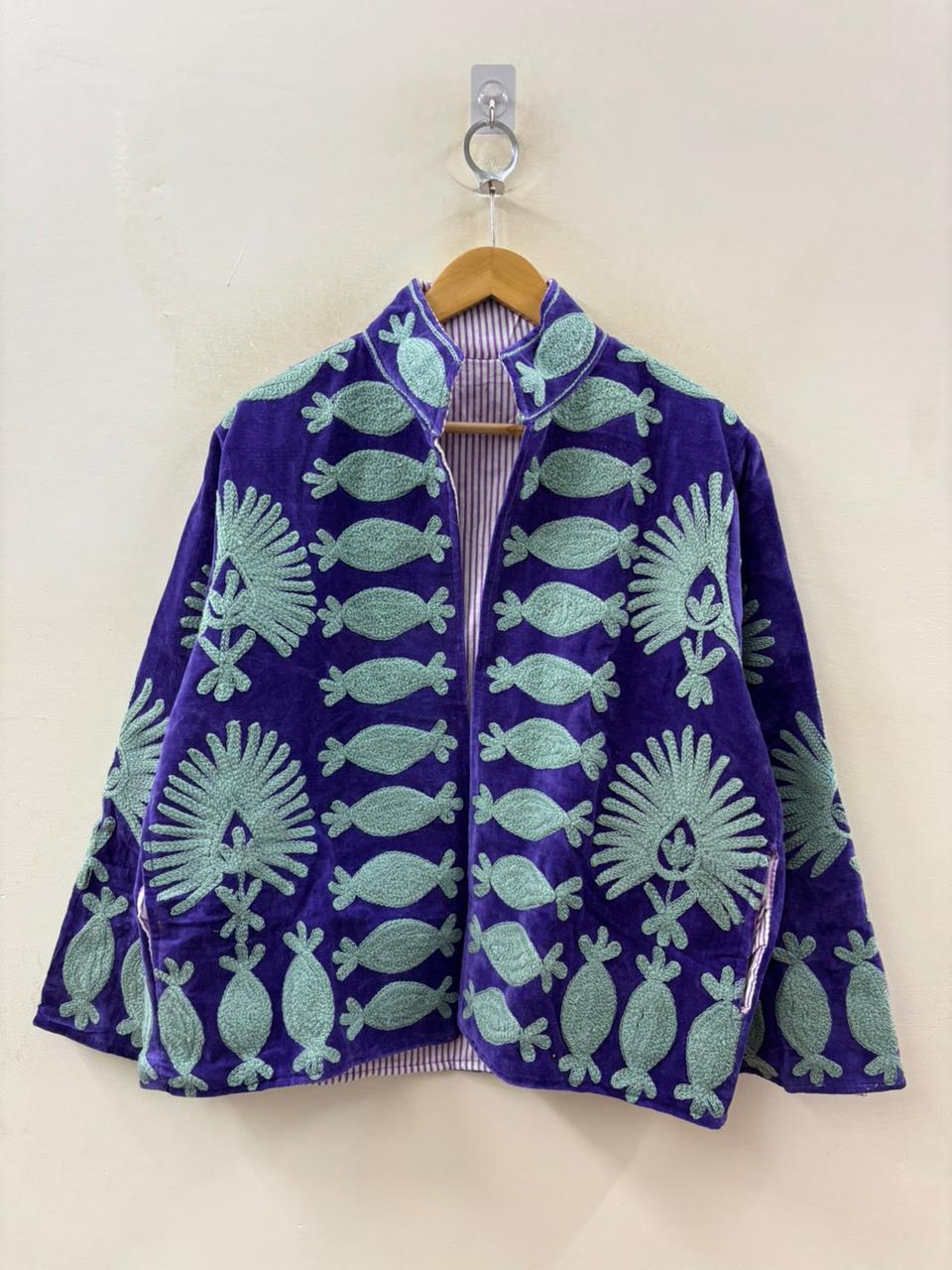 The Indigo Garden — Suzani Embroidered Velvet Jacket — Royal Violet & Sage Mint - Default Title - Zoshak Jacket