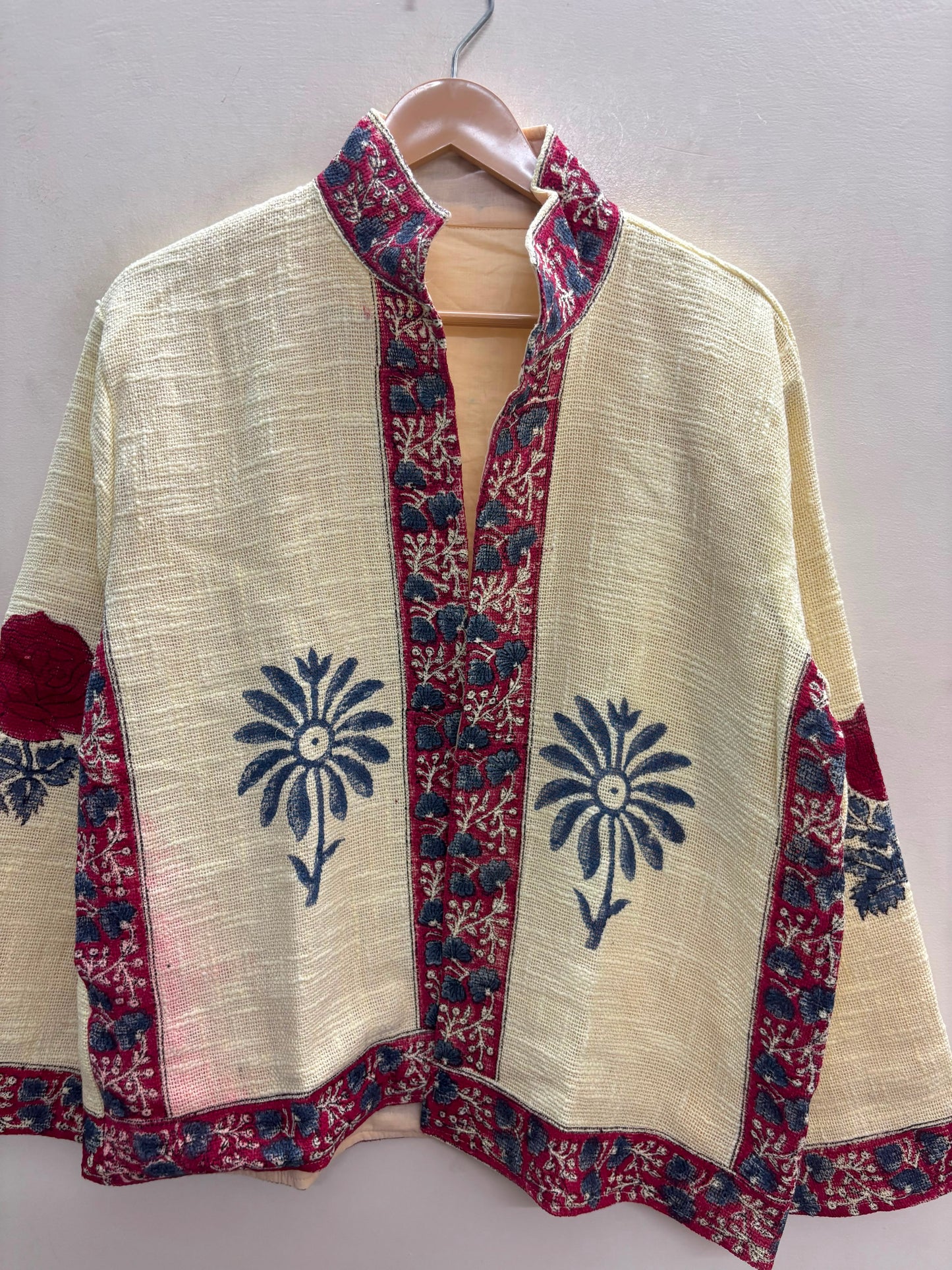 The Bagh Marigold — Suzani Hand-Embroidered Cotton Jacket — Ivory with Indigo & Wine Bordering