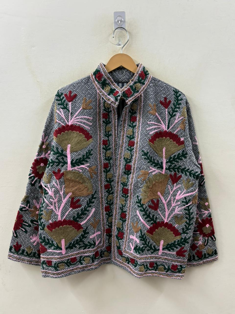 The Garden of Karez — Hand-Embroidered Cotton Jacket — Salt & Pepper Weave with Carnation Bloom - Default Title - Zoshak Jacket