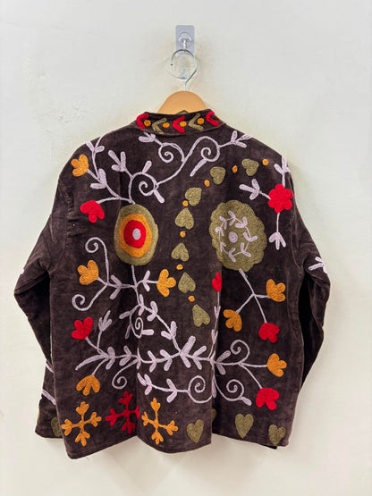 The Anar Baagh — Suzani Embroidered Velvet Jacket — Espresso Brown with Marigold & Ruby Blooms