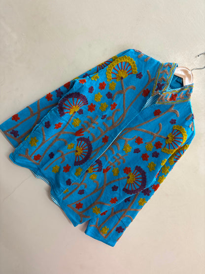 The Turquoise Oasis — Suzani Crewel-Embroidered Cotton Jacket — Sky Blue with Mustard, Rust & Plum