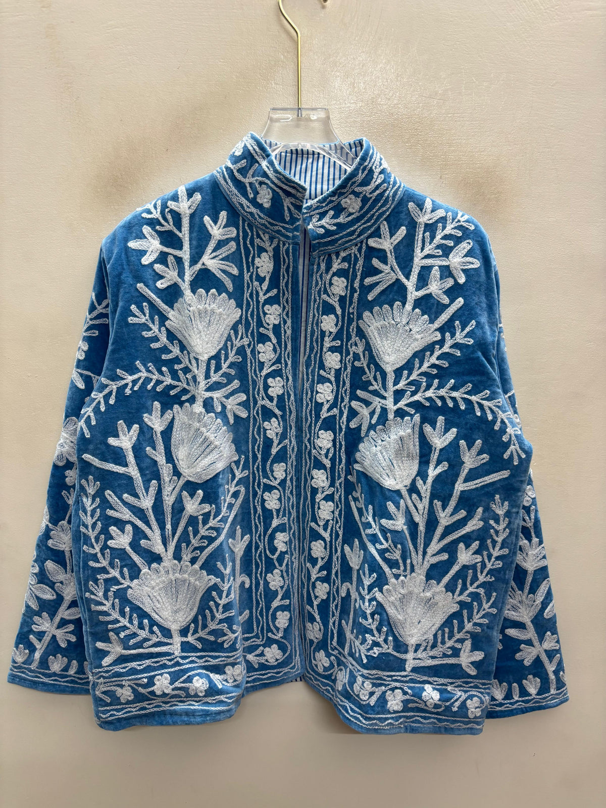 The Snowvine Thicket — Suzani Hand-Embroidered Velvet Jacket — Denim Blue with Ivory Floral Vinework