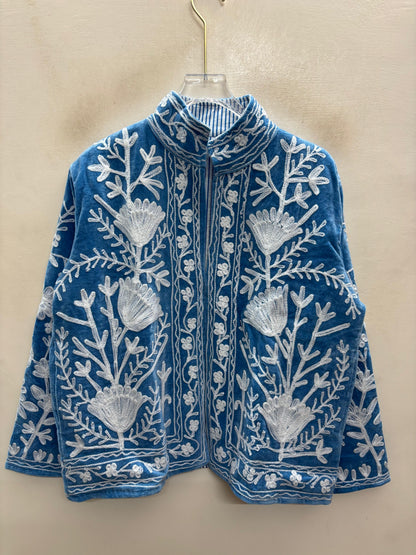 The Snowvine Thicket — Suzani Hand-Embroidered Velvet Jacket — Denim Blue with Ivory Floral Vinework