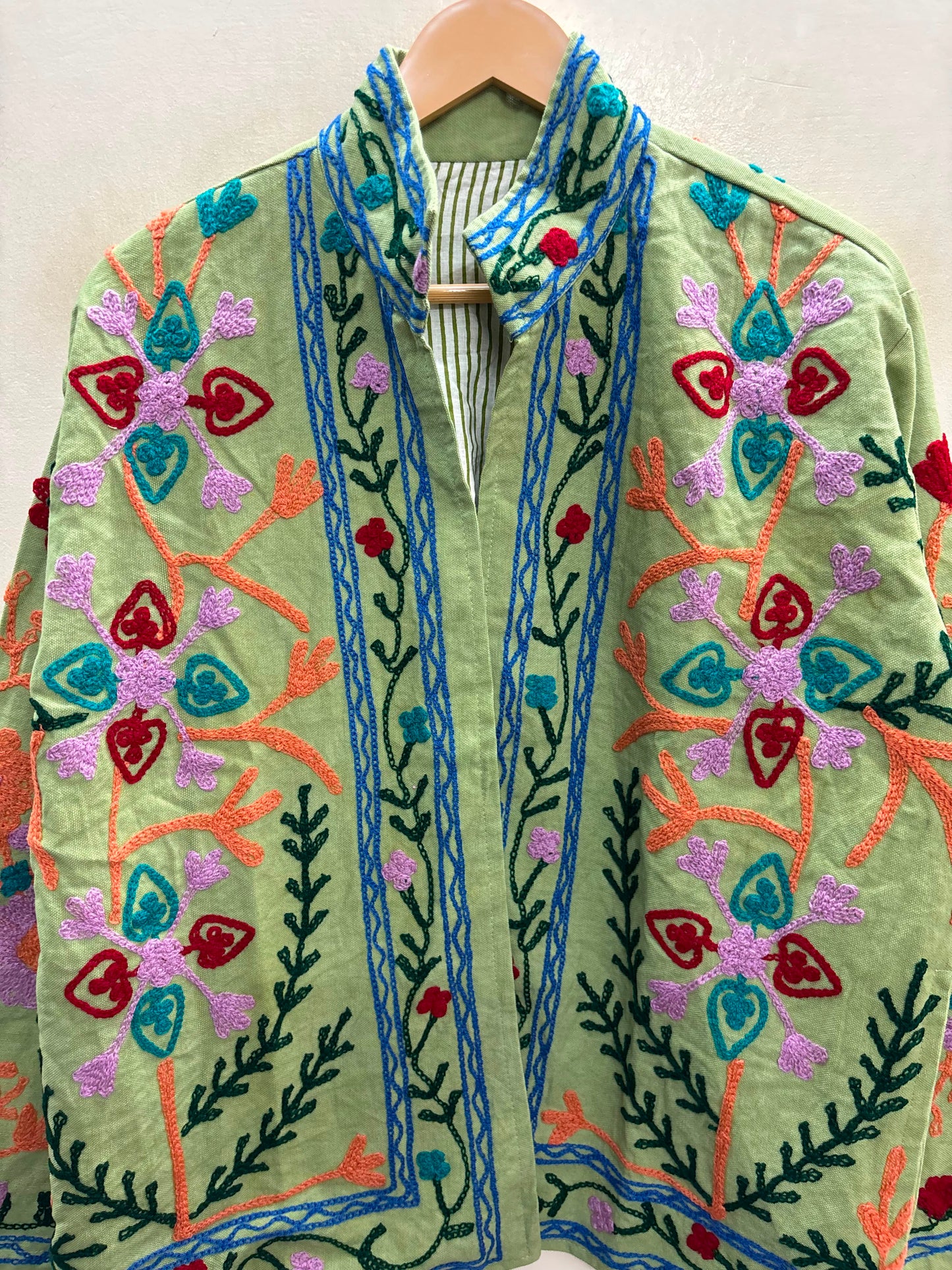 The Sage Meadow — Suzani-Inspired Hand Embroidered Cotton Jacket — Pistachio Green with Coral, Lilac & Cerulean Florals