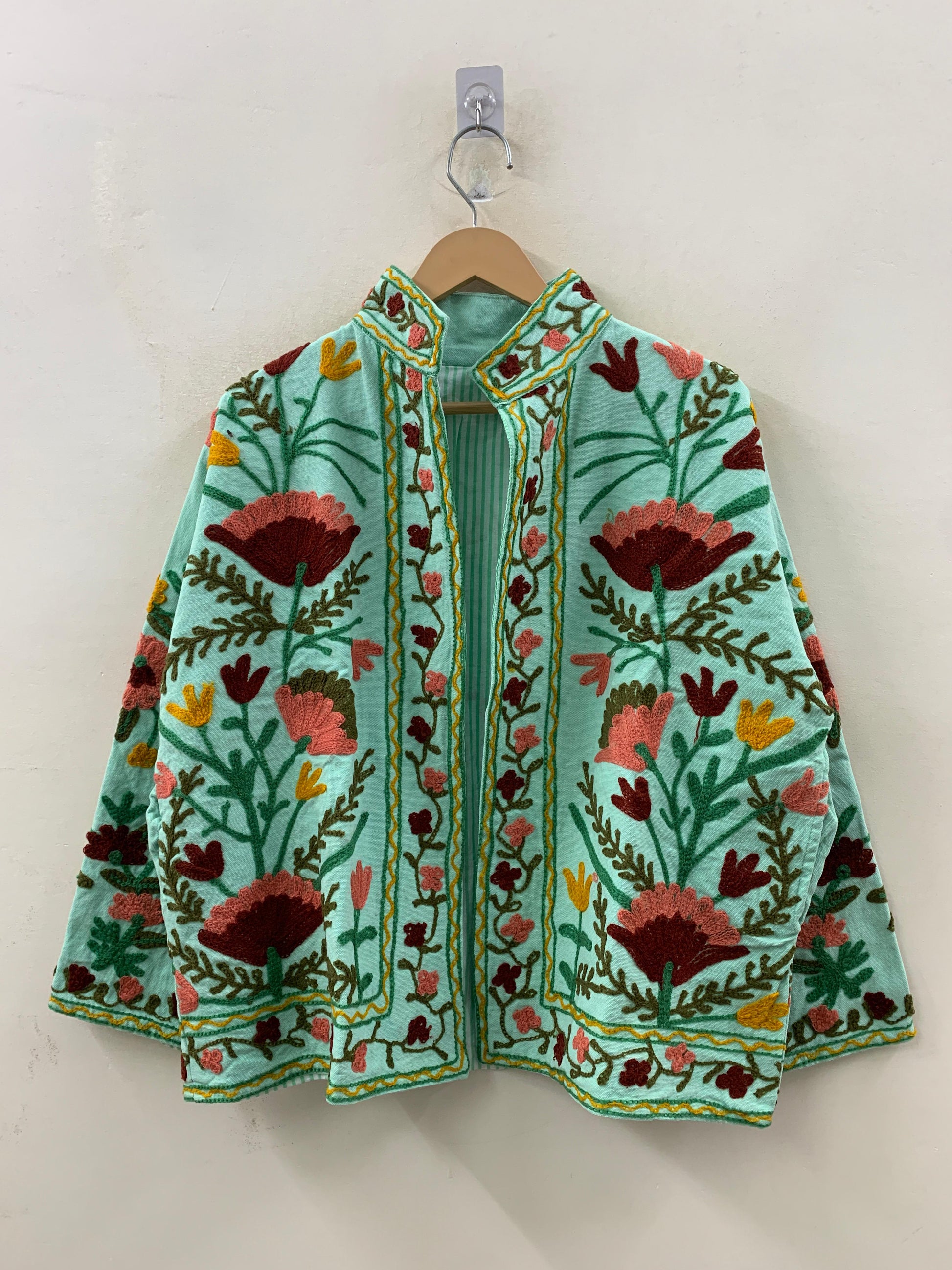 The Garden of Samarkand — Suzani-Inspired Hand-Embroidered Cotton Jacket — Mint & Crimson - Default Title - Zoshak Jacket