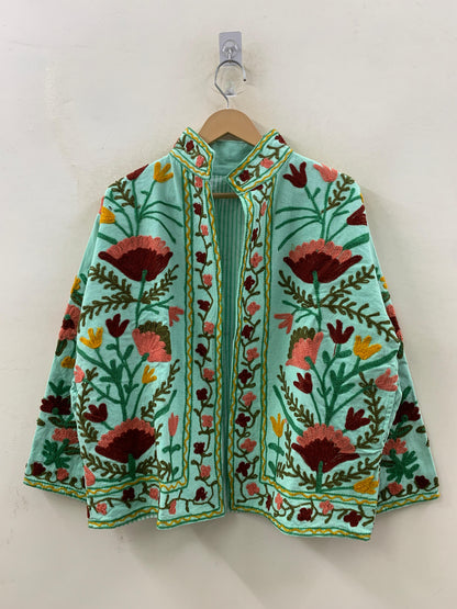 The Garden of Samarkand — Suzani-Inspired Hand-Embroidered Cotton Jacket — Mint & Crimson - Default Title - Zoshak Jacket