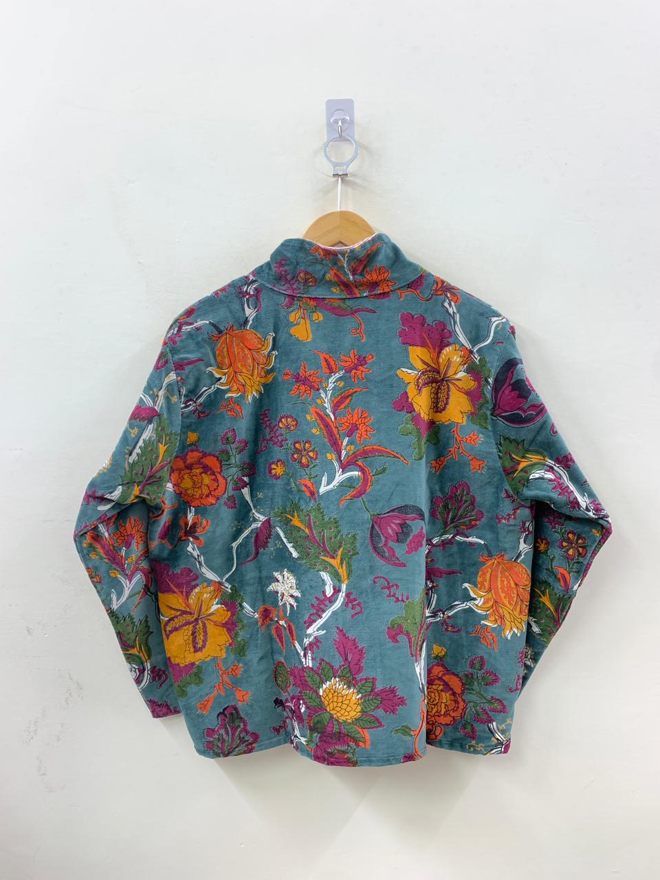 The Teal Garden — Block Printed Velvet Jacket — Teal & Saffron Floral - Default Title - Zoshak Jacket