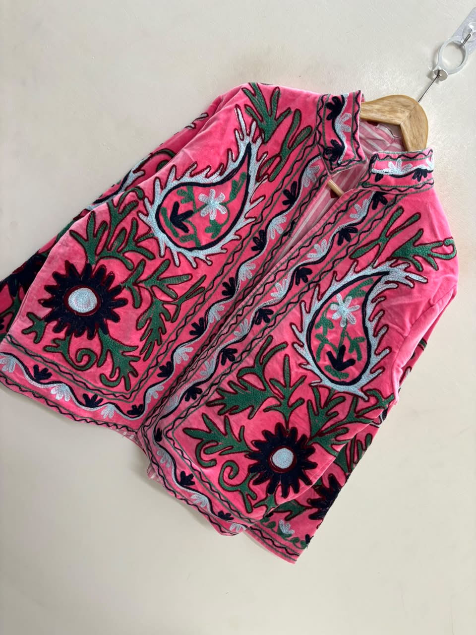 The Bagh-e-Rajasthan — Suzani Embroidered Velvet Jacket — Rani Pink