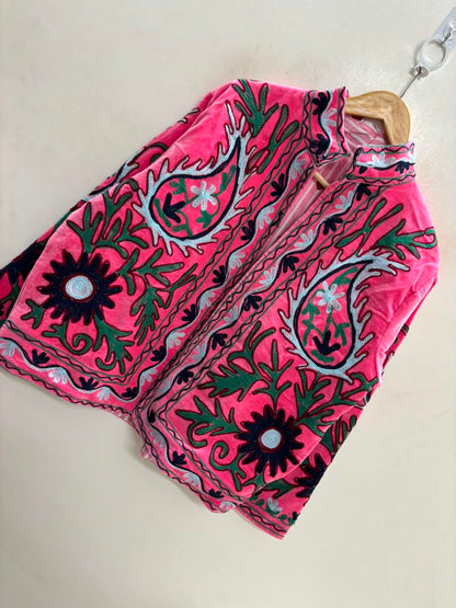 The Bagh-e-Rajasthan — Suzani Embroidered Velvet Jacket — Rani Pink
