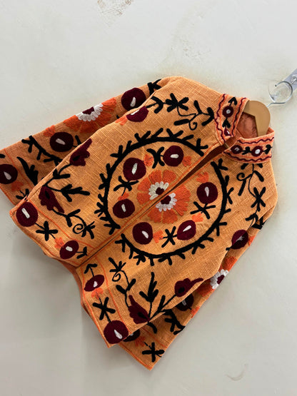 The Marigold Suzani — Hand-Embroidered Cotton Jacket — Saffron with Wine & Ivory Blooms