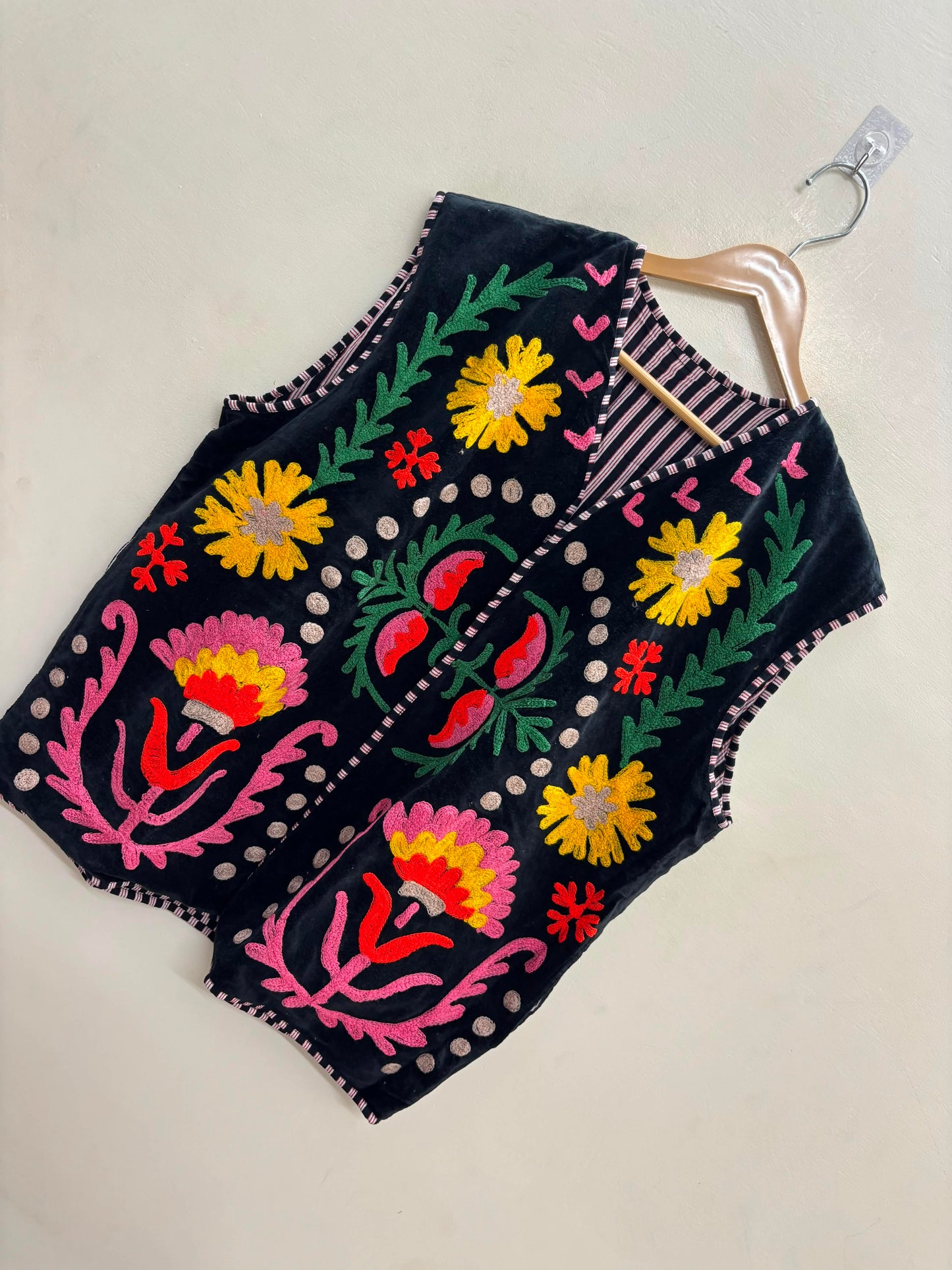 The Marigold Bloom — Suzani Embroidered Velvet Vest — Jet Black with Sunflower Gold & Rose Pink