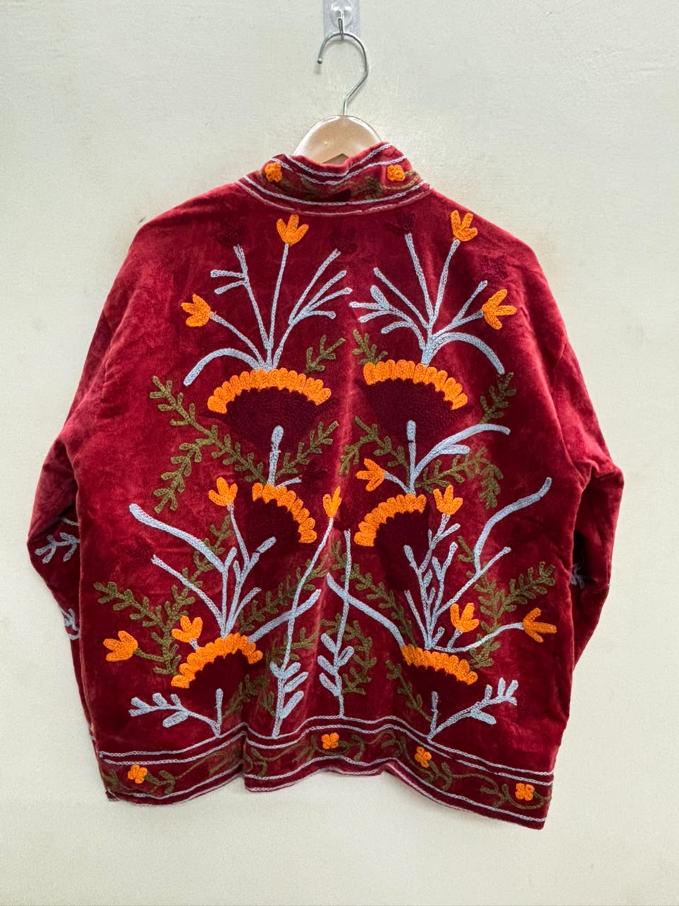 The Marigold Bagh — Suzani Embroidered Velvet Jacket — Deep Maroon with Marigold & Sky Blue Florals