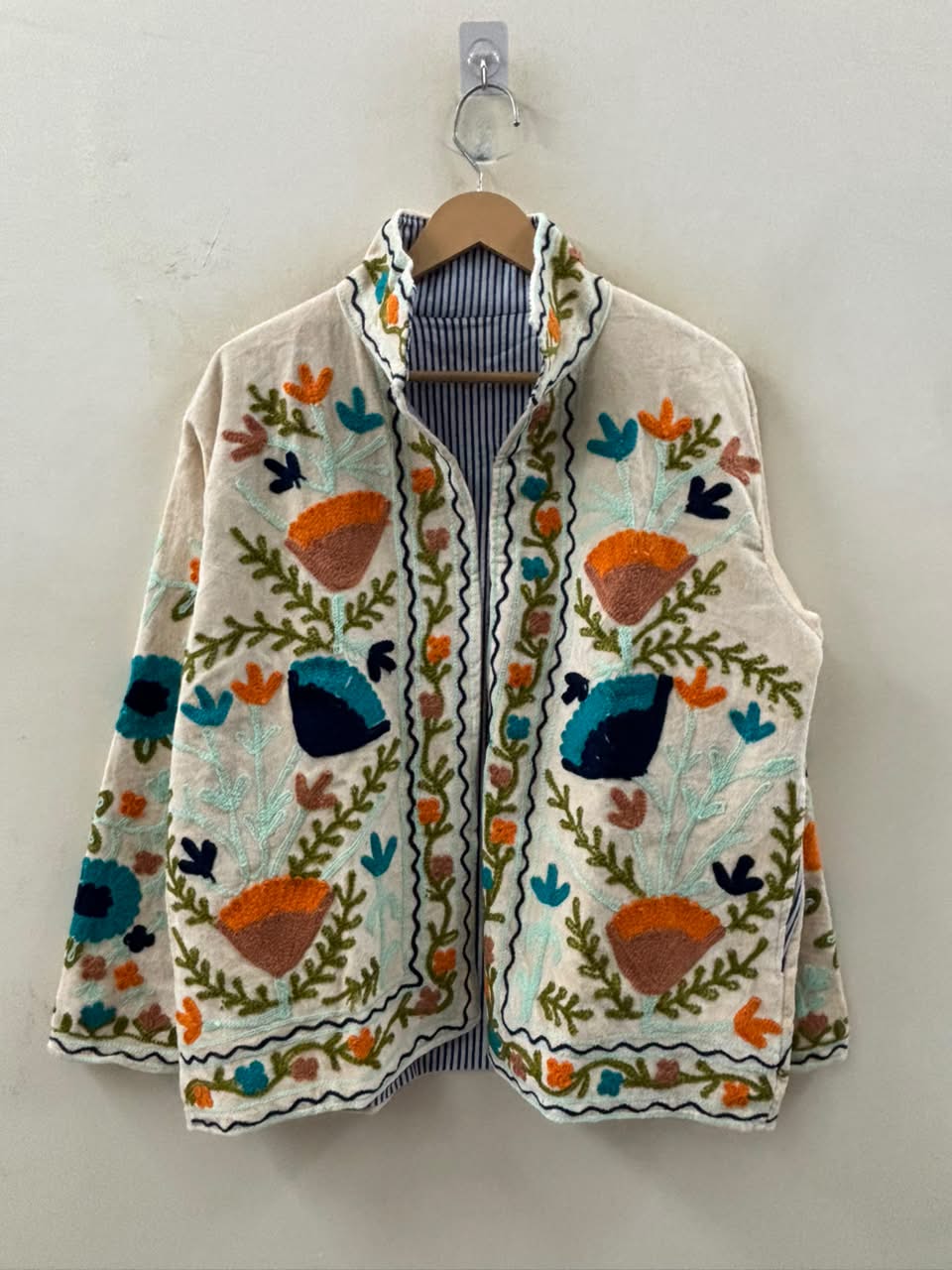 The Samarkand Bloom — Suzani Embroidered Velvet Jacket — Ivory with Terracotta & Teal