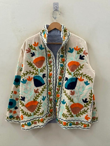 The Samarkand Bloom — Suzani Embroidered Velvet Jacket — Ivory with Terracotta & Teal