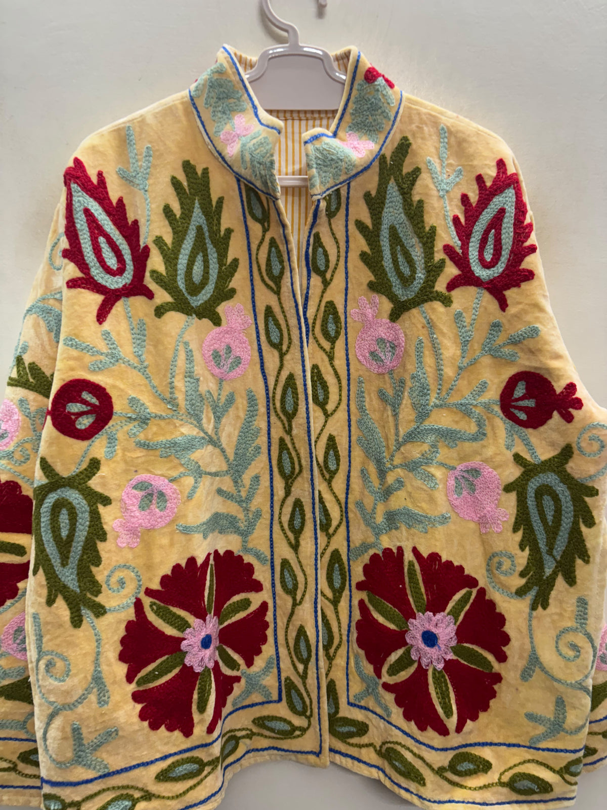 The Zard Bostan — Suzani Hand-Embroidered Velvet Jacket — Butter Yellow with Crimson Carnations & Sage Paisleys