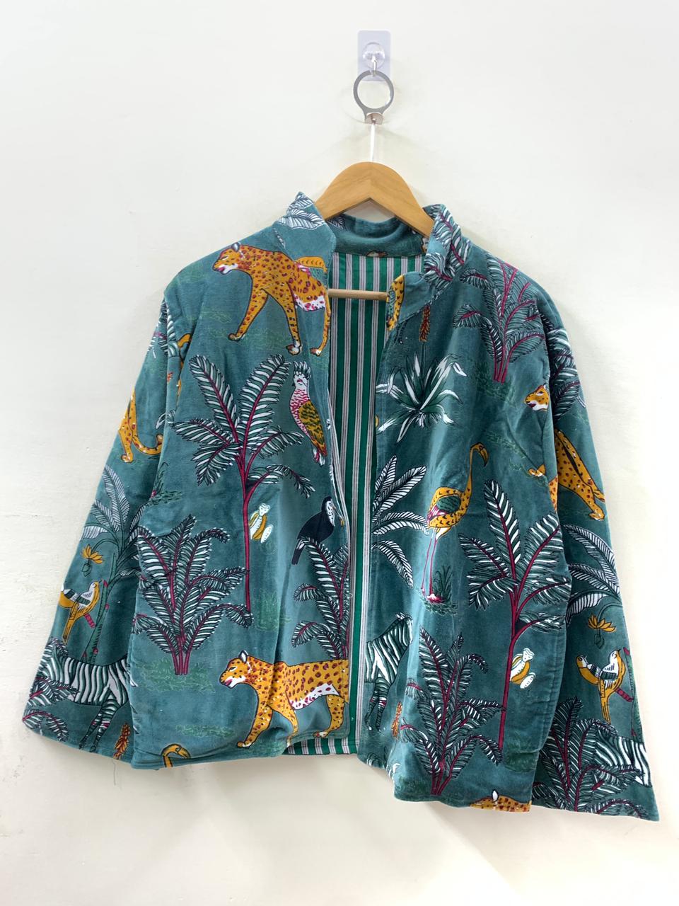 The Jungle Durbar — Block Printed Velvet Jacket — Teal & Saffron - Default Title - Zoshak Jacket