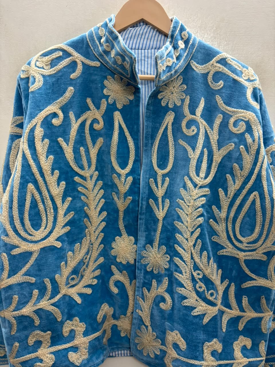 The Samarkand Peacock — Suzani Embroidered Velvet Jacket — Cerulean Blue