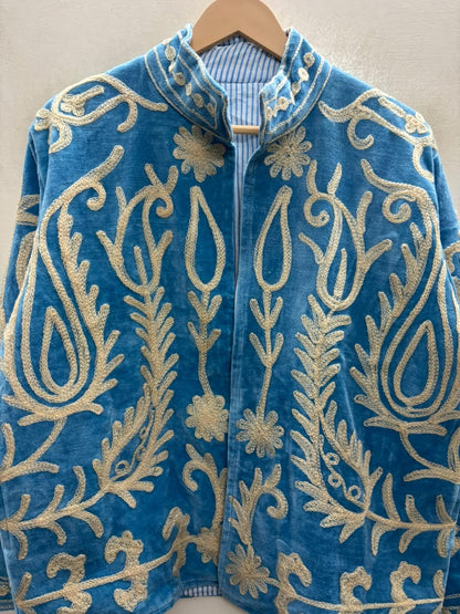 The Samarkand Peacock — Suzani Embroidered Velvet Jacket — Cerulean Blue