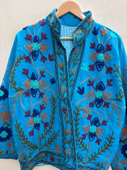 The Turquoise Zahra — Suzani Hand-Embroidered Cotton Jacket — Sky Blue with Indigo & Maroon Florals