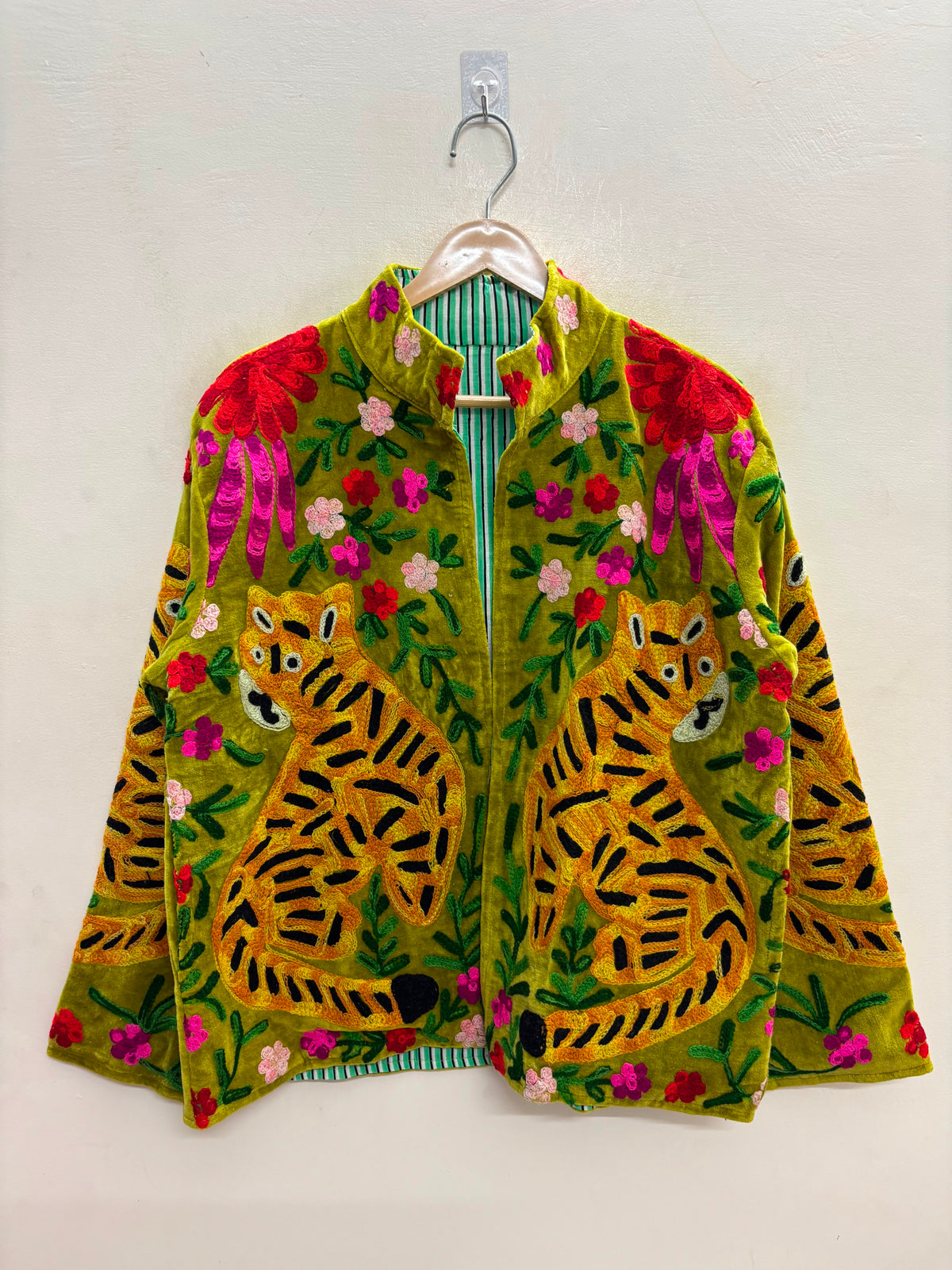 The Bagh Suzani — Hand-Embroidered Velvet Jacket — Moss Green with Tiger & Marigold Motifs