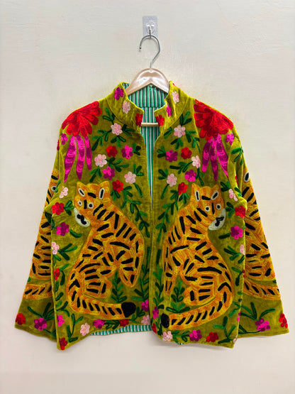The Bagh Suzani — Hand-Embroidered Velvet Jacket — Moss Green with Tiger & Marigold Motifs
