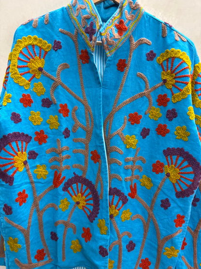The Turquoise Oasis — Suzani Crewel-Embroidered Cotton Jacket — Sky Blue with Mustard, Rust & Plum