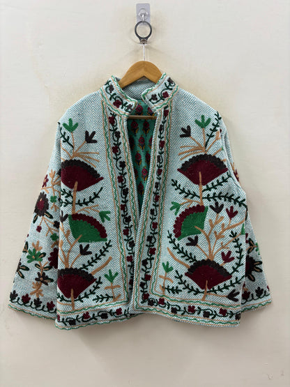 The Forest Bloom — Hand-Embroidered Cotton Jacket — Sage Herringbone - Default Title - Zoshak Jacket