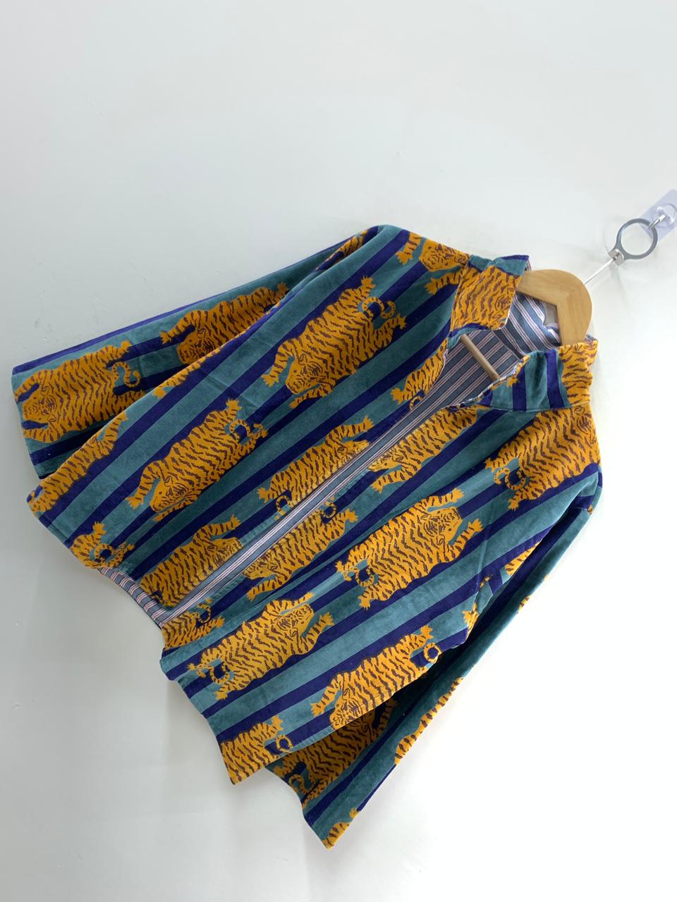 The Tiger Stripe — Block Printed Velvet Jacket — Saffron, Teal & Cobalt - Default Title - Zoshak Jacket