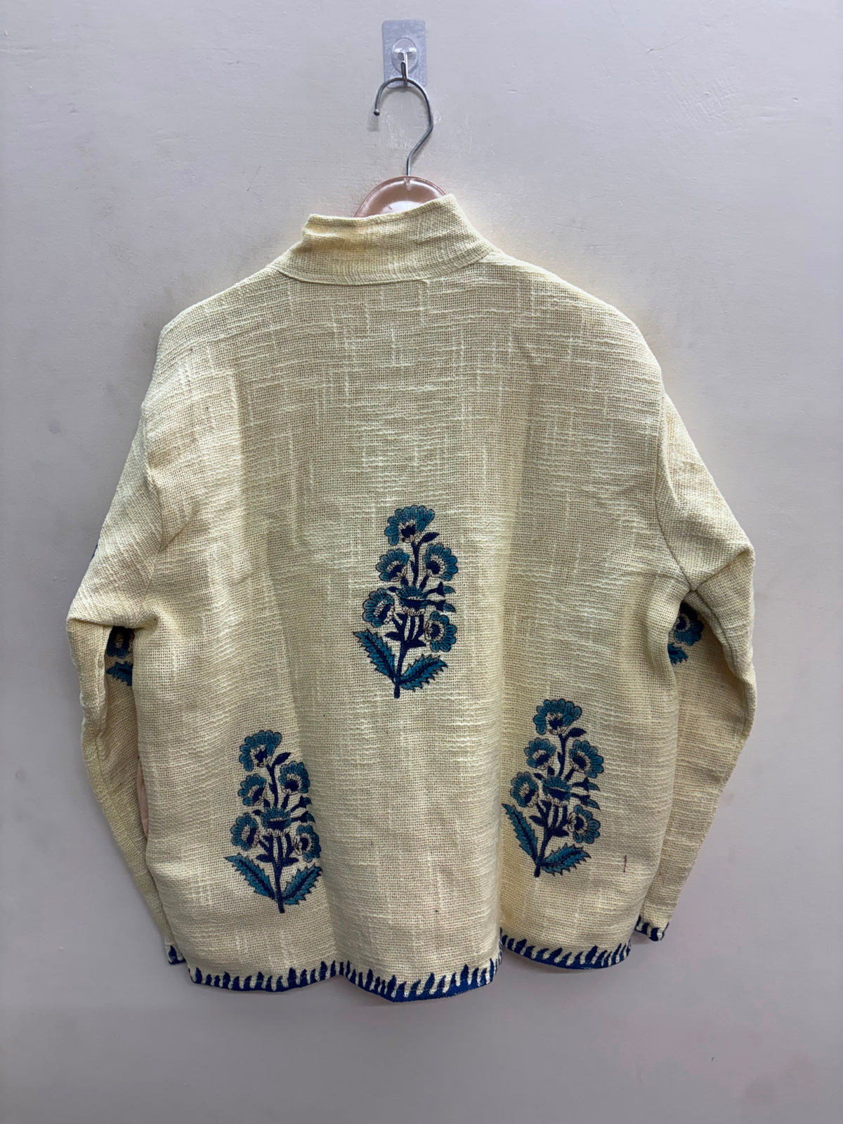 The Marigold Bagh — Suzani-Embroidered Handwoven Cotton Jacket — Ivory with Turquoise Blue