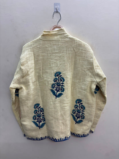 The Marigold Bagh — Suzani-Embroidered Handwoven Cotton Jacket — Ivory with Turquoise Blue