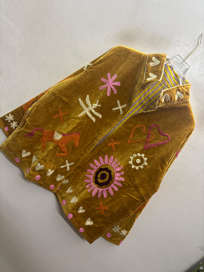 The Chidiya Bagh — Suzani Hand-Embroidered Velvet Jacket — Mustard Gold with Ivory Hummingbird & Rose Florals