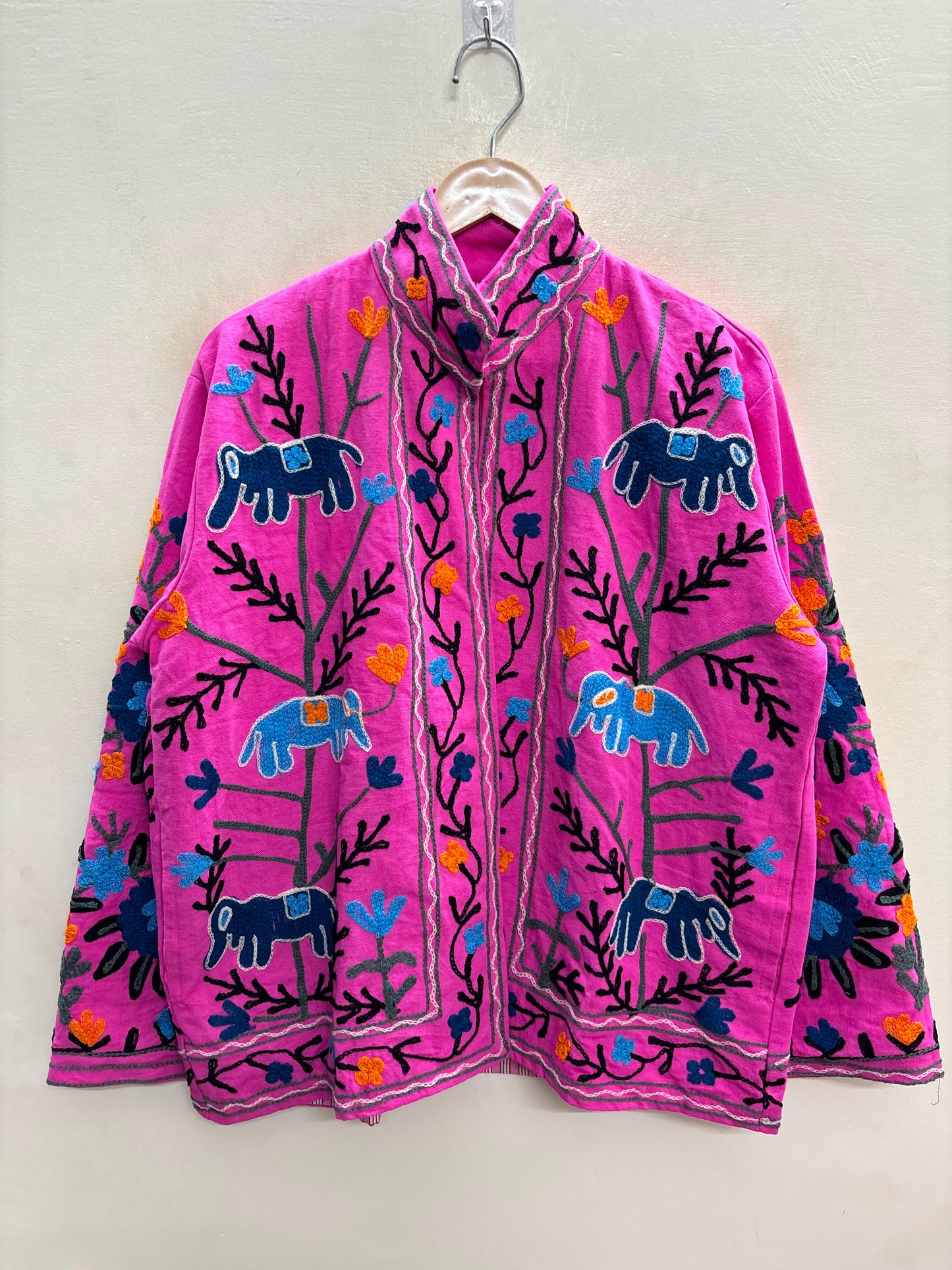 The Fuchsia Elephant Trail — Suzani Hand-Embroidered Cotton Jacket — Magenta Pink with Indigo Blue & Marigold Orange