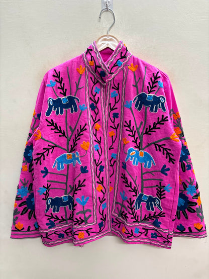 The Fuchsia Elephant Trail — Suzani Hand-Embroidered Cotton Jacket — Magenta Pink with Indigo Blue & Marigold Orange